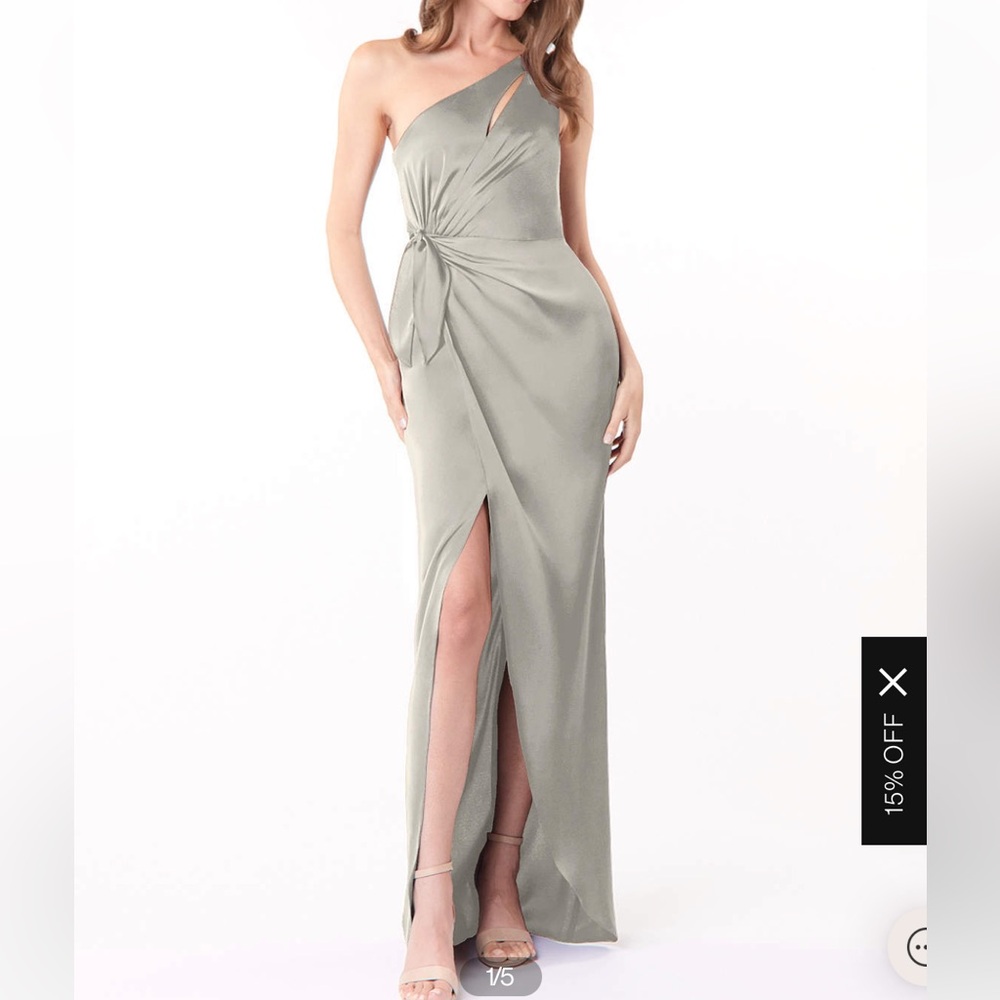 Azazie grey gown bridesmaid stretch satin pebble